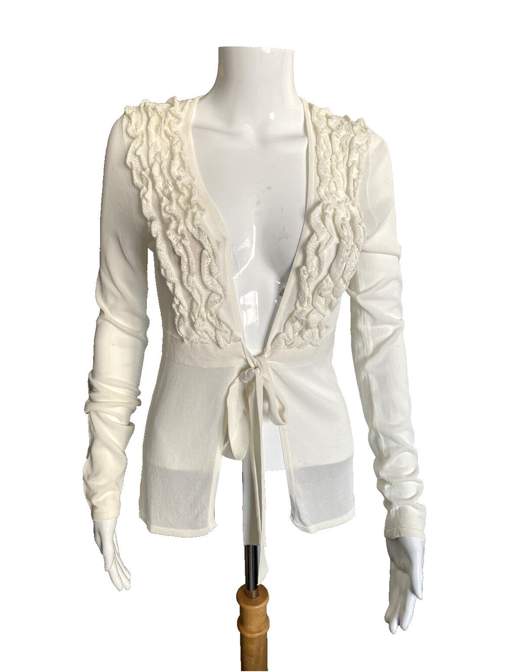 Valentino Roma White Ruffle Tie Cardigan Sweater Top IT-38 US-2 Long Sleeve